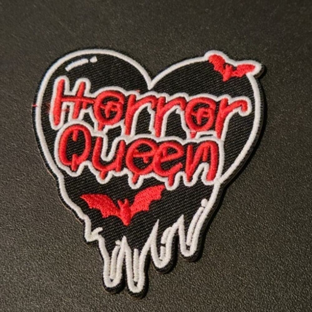 Horror Queen Heart Embroidered Iron On Patch Black Red & White